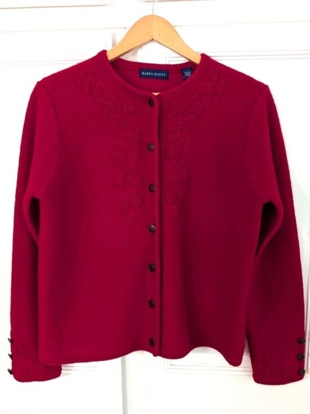 Karen Scott Women’s Australia Wool Button-Front Embroidered Cardigan Red S